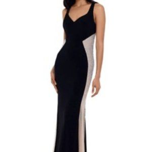 NWT XSCAPE illusion nude black beaded gown dress